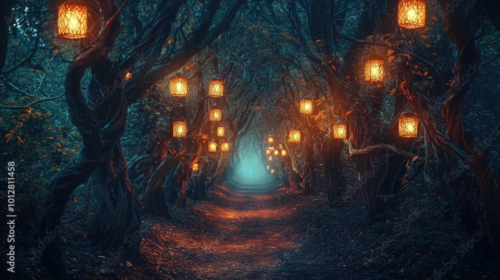 Aufkleber enchanted forest path illuminated by glowing lanterns, creating a magical atmosphere perfect for fan