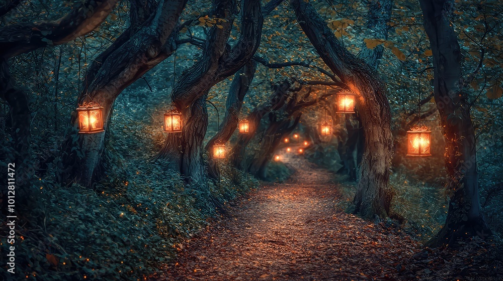 Poster enchanting forest path illuminated by lanterns, featuring lush trees and a serene atmosphere for mag