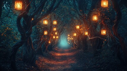 Enchanted forest path illuminated by glowing lanterns, creating a magical atmosphere perfect for fantasy and adventure themes.