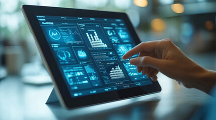 digital tablet to interact with a holographic architectural model, symbolizing innovation and the future of design, blending technology with creativity in modern architecture