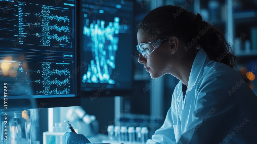 Poster focused scientist analyzing data on computer screens in a modern laboratory, showcasing innovation a