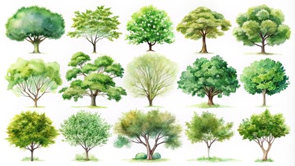 Fototapeta premium A Collection of Watercolor Rendered Tree Silhouettes, Each Depicting Unique Branching Patterns and Foliage Textures