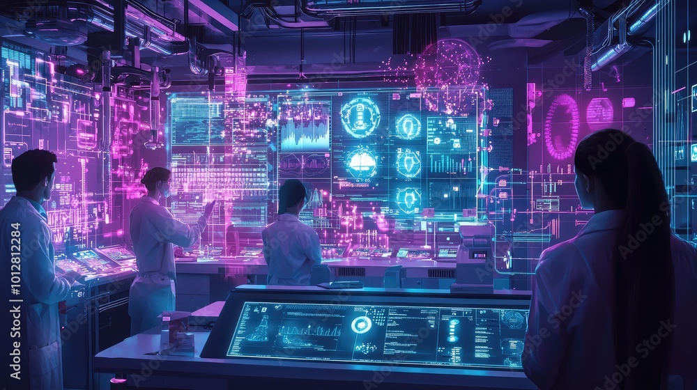 Poster futuristic laboratory with scientists interacting with advanced technology and digital interfaces in