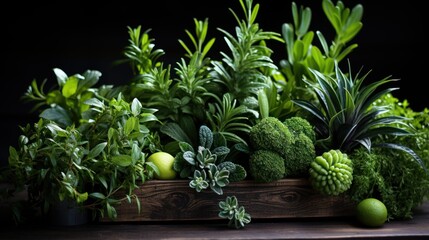 Fototapeta premium A Variety of Green Plants in a Wooden Box