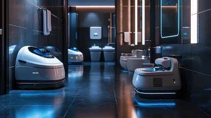 Futuristic restroom featuring advanced robotic cleaners in a sleek, modern design with blue lighting and high-tech fixtures.
