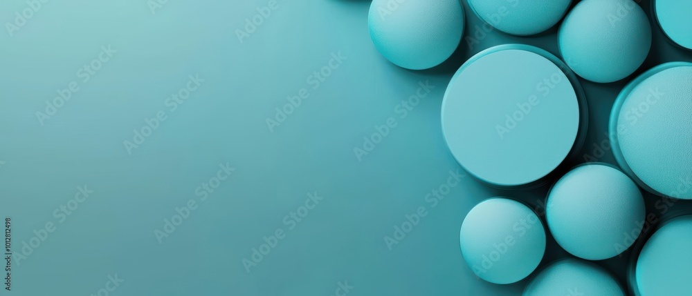 Poster a minimalist background featuring an arrangement of circular shapes in calming teal tones, perfect f