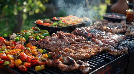 Grilled meat and colorful vegetables sizzling on a barbecue, evoking a summer gathering filled with flavor and enjoyment.