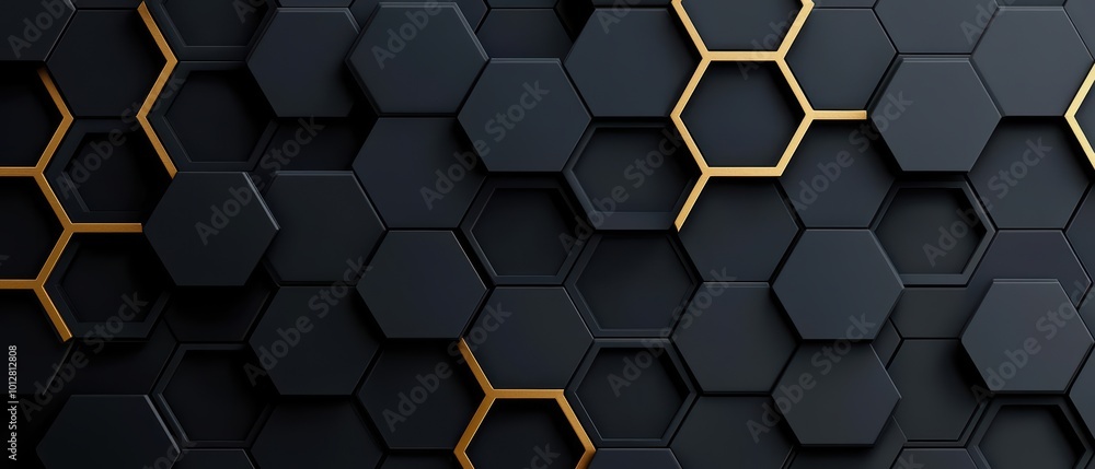 Poster a modern hexagonal pattern featuring black and golden elements, perfect for backgrounds or design pr