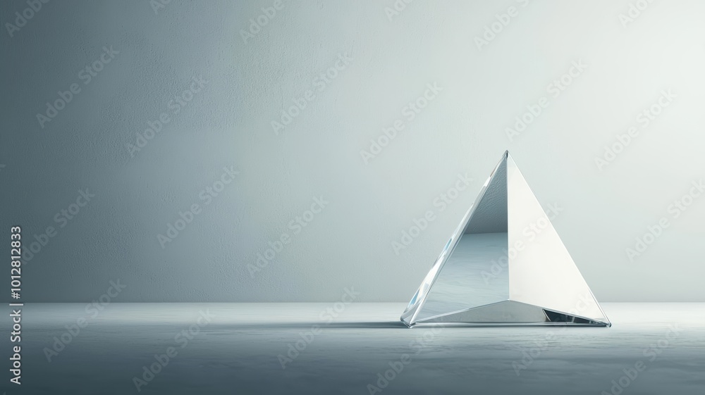 Poster a sleek, reflective pyramid shape on a minimalist surface, creating an intriguing contrast with soft