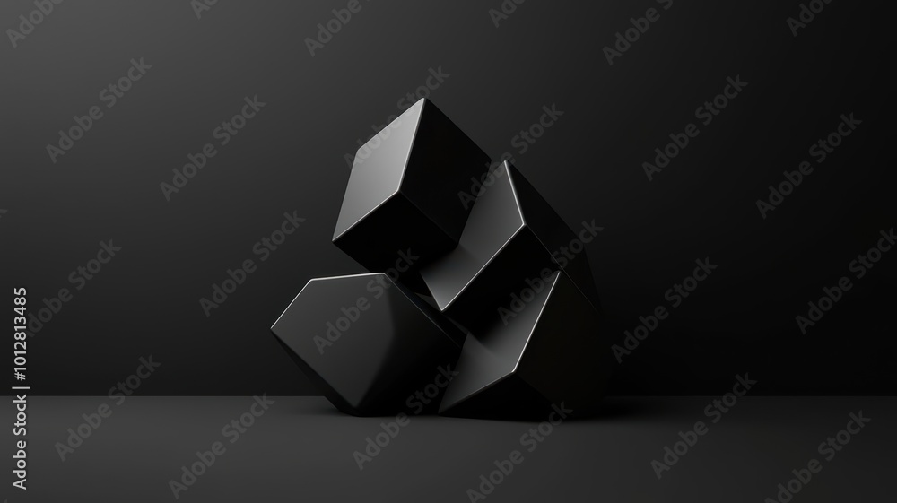 Poster abstract composition of black geometric shapes on a dark background, creating a striking visual cont