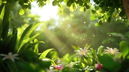 Fototapeta premium Vibrant Lush Garden with Sunlight and Blossoms