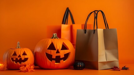 Festive Jack-o'-Lanterns and Shopping Bags on Orange