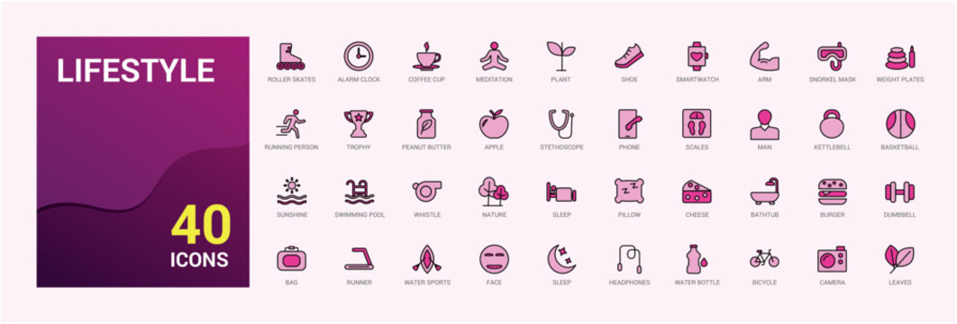 Colorful lifestyle icon set. Related to healthy lifestyle, diet, exercise, sleep. Outline color icons Collection. Vector illustration. Icon names are written in English.