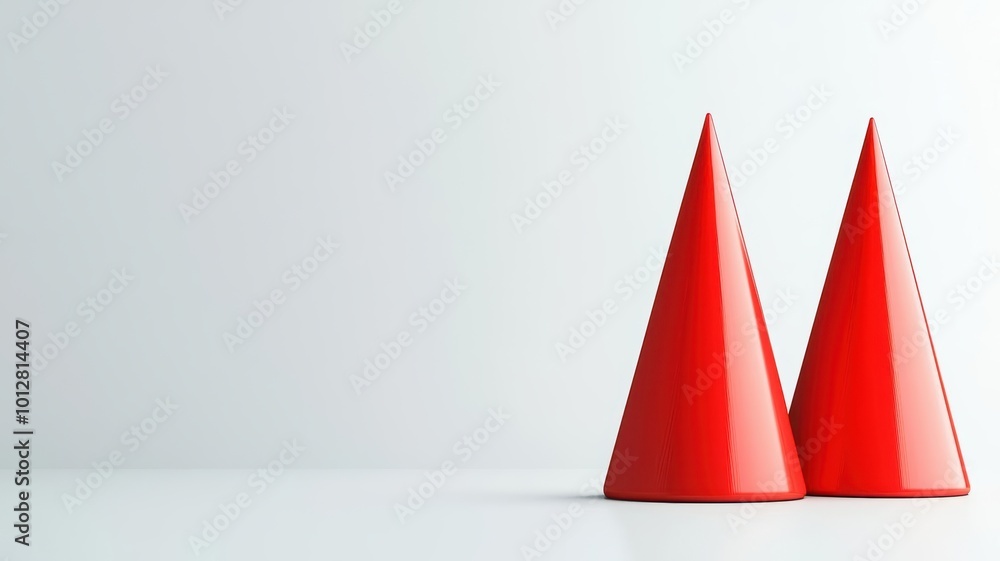 Poster two vibrant red cones stand on a minimalist white surface, creating a striking visual contrast that 