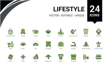 Colorful lifestyle icon set. Related to healthy lifestyle, diet, exercise, sleep. Outline color icons Collection. Vector illustration. Icon names are written in English.