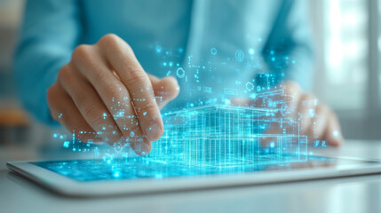 digital tablet to interact with a holographic architectural model, symbolizing innovation and the future of design, blending technology with creativity in modern architecture