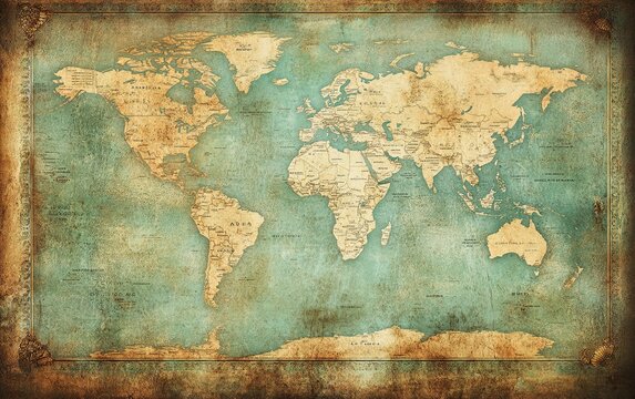 A vintage-style world map with a weathered appearance, showcasing continents and oceans for educational or decorative purposes.