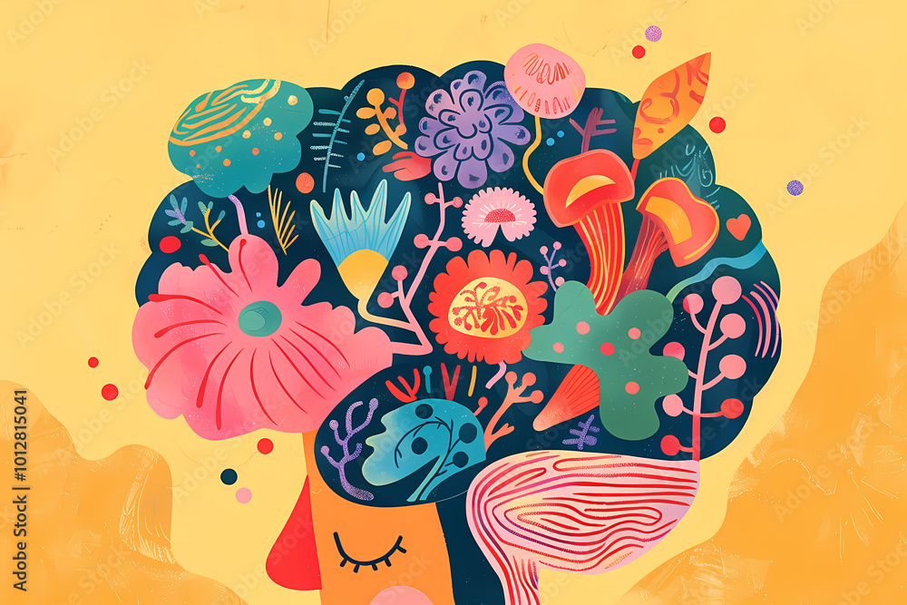 Wall mural a vibrant illustration of a woman with flowers and plants growing from her head, showcasing creativi