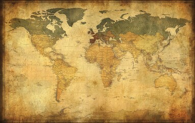 An aged world map featuring continents and countries in muted colors, ideal for educational or decorative purposes.