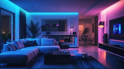 Modern living room with vibrant neon lights, cozy furniture, and an inviting atmosphere. Ideal for contemporary design inspiration.