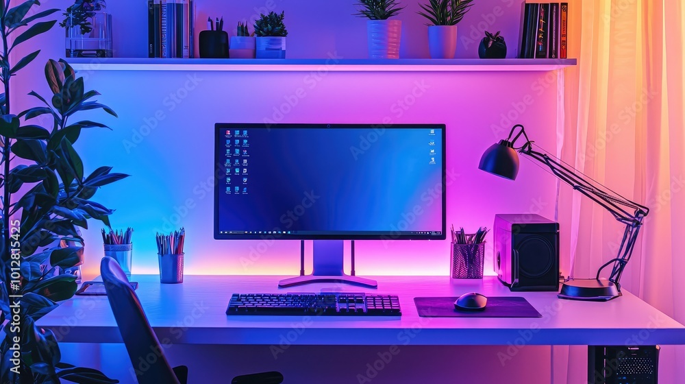 Poster modern workspace with a vibrant, illuminated desk setup featuring a computer, keyboard, and stylish 