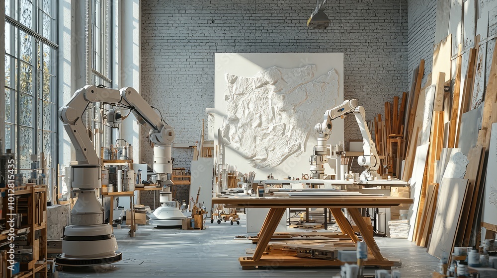 Poster modern workshop with robotic arms and vibrant light, showcasing advanced technology in art creation 