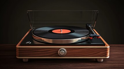 A vintage turntable with a vinyl record, showcasing a classic music playback device on a wooden surface.