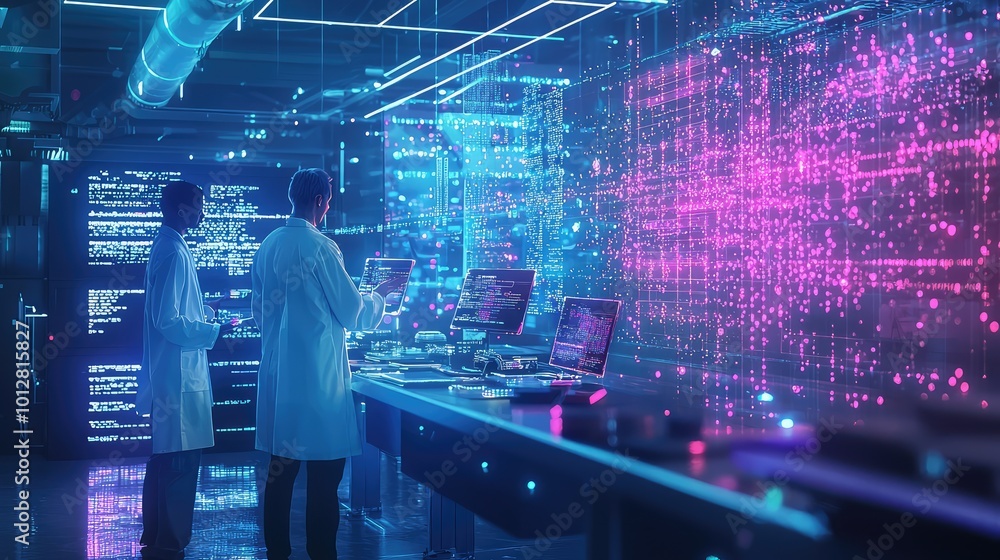 Poster scientists analyze data in a high-tech laboratory with screens displaying vibrant digital graphs and