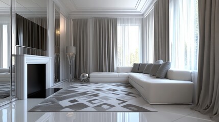 Modern living room with white couch and fireplace.