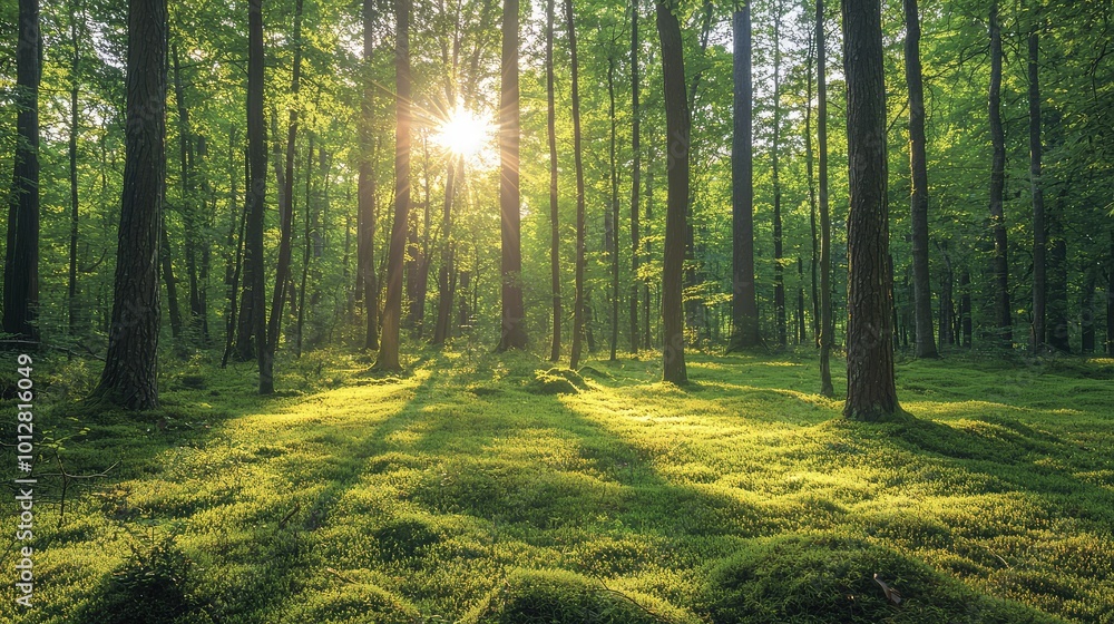 Poster serene forest scene with sunlight filtering through lush trees, creating a tranquil atmosphere and h