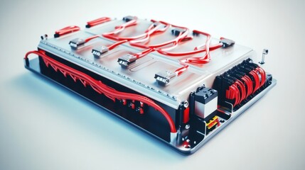 Modular EV battery pack design with high-performance cells and wiring, isolated on white