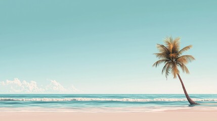 Obraz premium Serene beach scene with a solitary palm tree overlooking turquoise waves and clear skies, perfect for relaxation and tropical vibes.