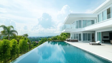 Fototapeta premium Minimalist Modern White Villa with Pool and Spacious Terrace, Surrounded by Lush Greenery and Clear Blue Sky