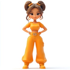 A full-body illustration of a cheerful cartoon girl in a trendy orange outfit, complete with matching accessories.  The clean, minimalist white background