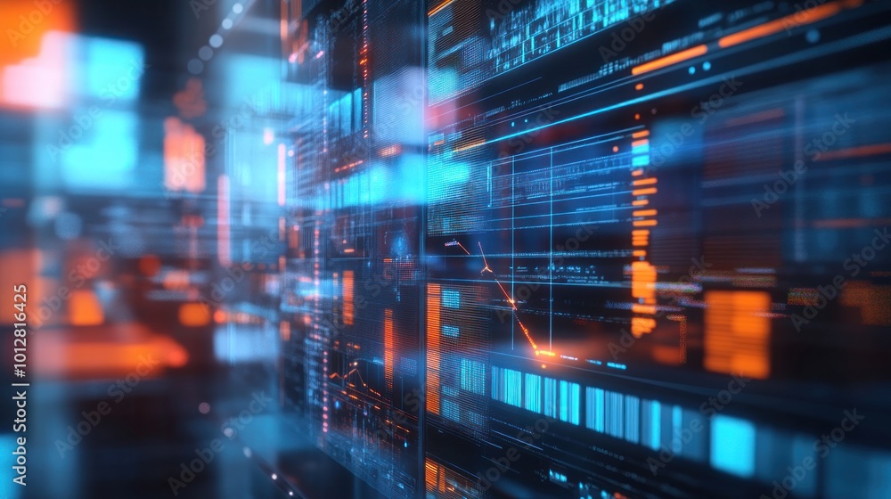 Poster abstract digital interface with glowing data elements and vibrant colors.