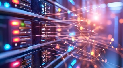Naklejka premium A network of servers and data centers interconnected with fiber optic cables, symbolizing cloud computing technology and data storage