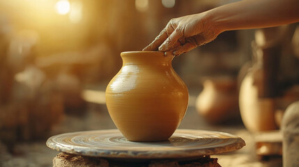 woman's hand skillfully shapes a ceramic vase, symbolizing creativity, craftsmanship, and the nurturing aspect of art. The focus on the vase highlights the beauty of handmade creations