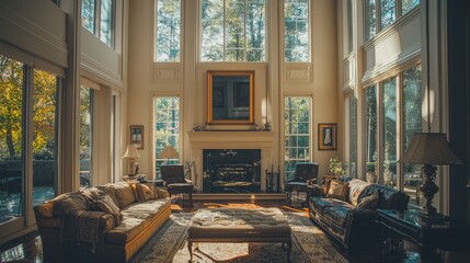 Fototapeta premium Spacious living room with large windows, elegant furniture, and warm lighting, creating a cozy and inviting atmosphere.