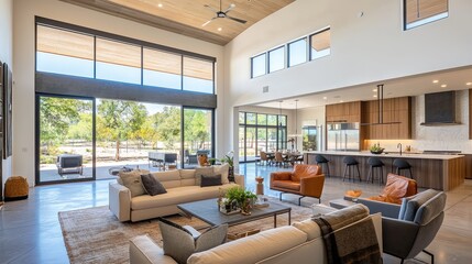 Fototapeta premium Spacious modern living room with natural light, stylish furniture, and a view of greenery, perfect for relaxation and entertainment.