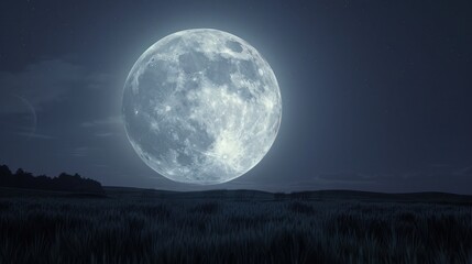 Full moon glowing in a clear night sky above a field with distant trees.