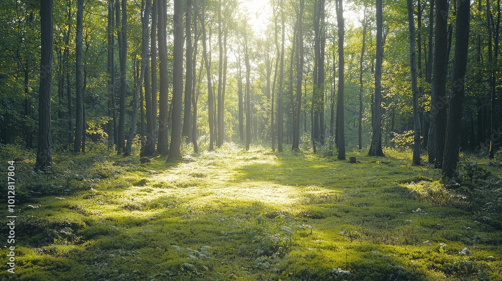 Poster sunlight filters through tall trees in a tranquil forest, casting a serene glow over lush greenery a