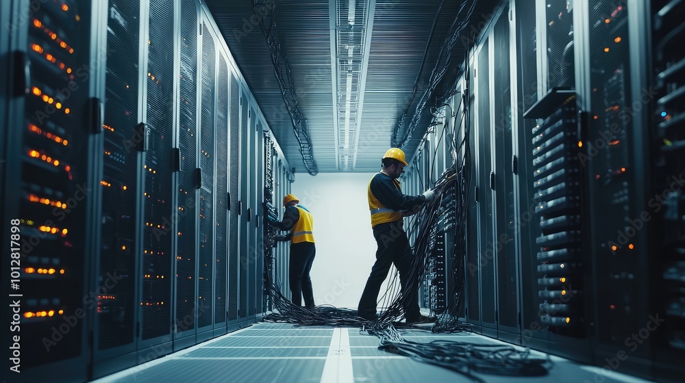 Poster technicians managing servers in a modern data center, highlighting technology and professionalism in