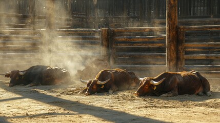 Fototapeta premium Three relaxed cows lying in sunlit dust, exuding a rustic farm atmosphere with wooden barriers in the background.