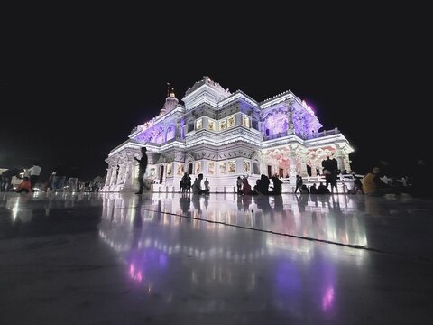 Prem Mandir Vrindavan Illuminated at Night with Vibrant Colors
