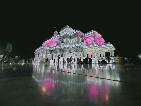Prem Mandir Vrindavan Illuminated at Night with Vibrant Colors