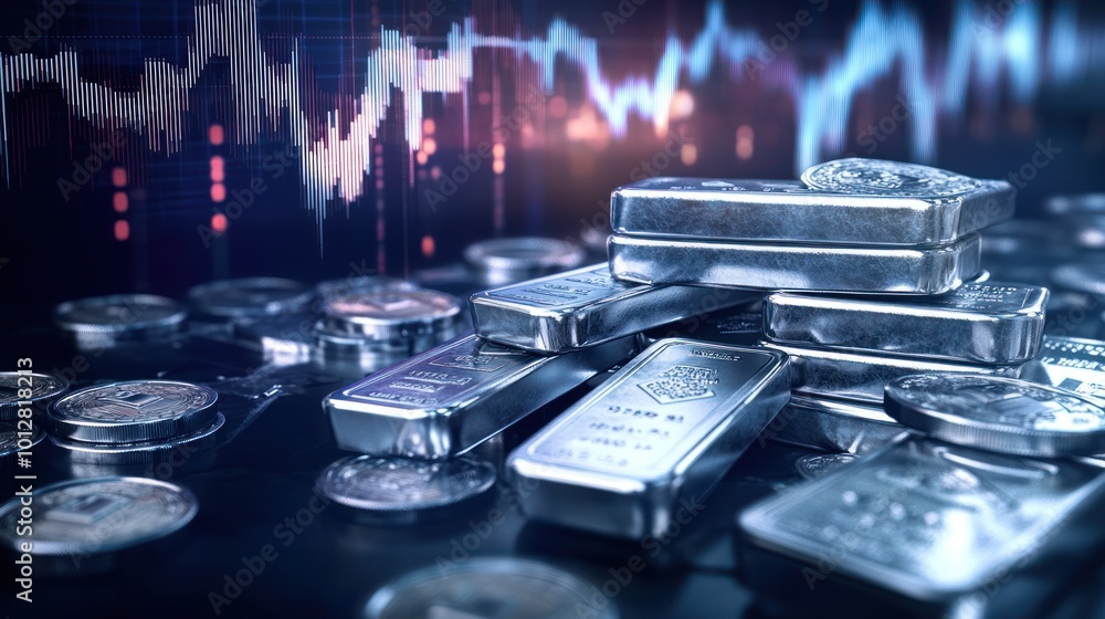 Poster silver bars and coins with stock chart in background