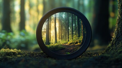 A circular frame reveals a serene forest scene, blending nature and photography.