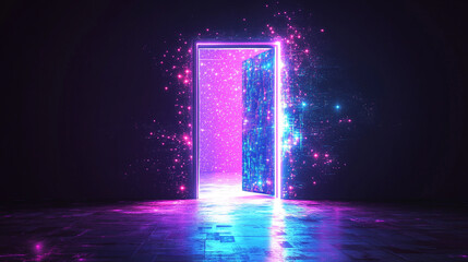 futuristic open door illuminated by vibrant neon lights symbolizes new opportunities and innovation. The digital technology backdrop represents a convergence of reality and imagination