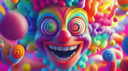 Vibrant clown face with colorful hair and whimsical patterns, perfect for festive or playful themes in design.