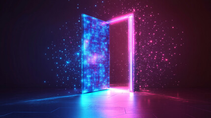 futuristic open door illuminated by vibrant neon lights symbolizes new opportunities and innovation. The digital technology backdrop represents a convergence of reality and imagination